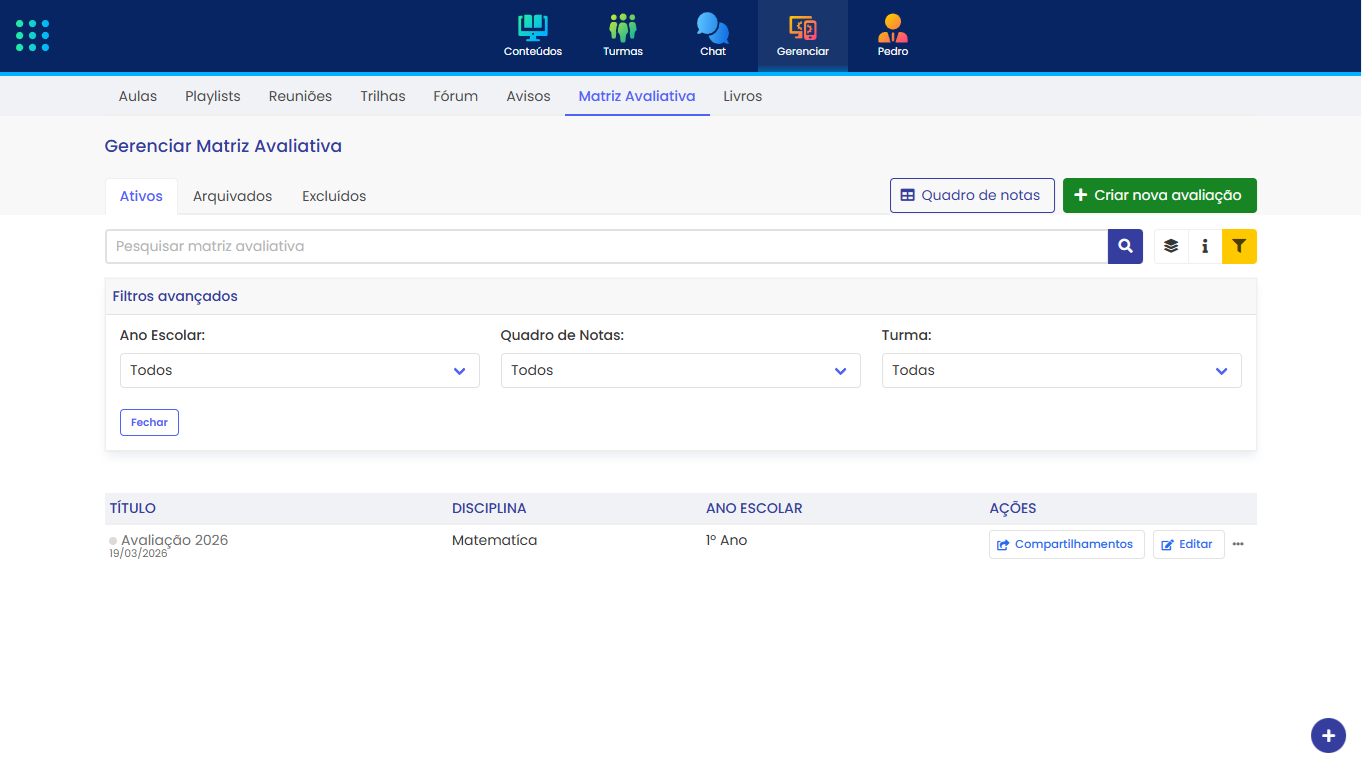 Painel de filtros com opções