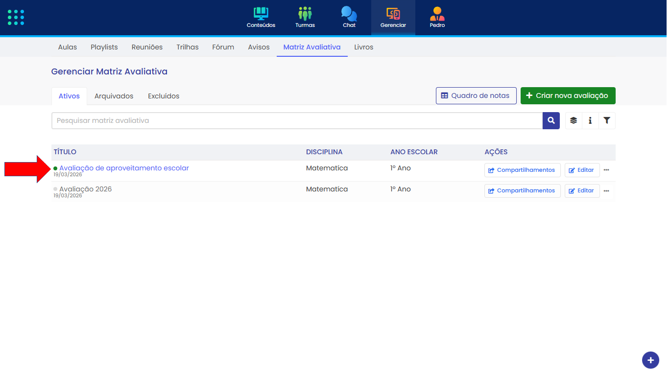 Acessar Gerenciar Matriz Avaliativa