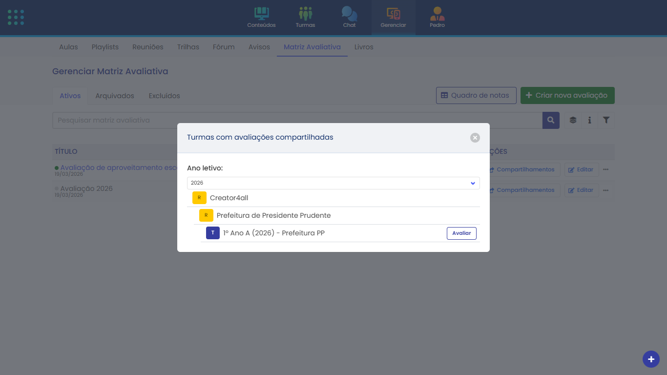 Acessar Gerenciar Matriz Avaliativa