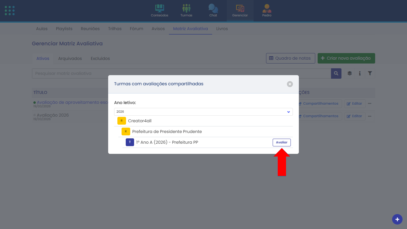 Acessar Gerenciar Matriz Avaliativa