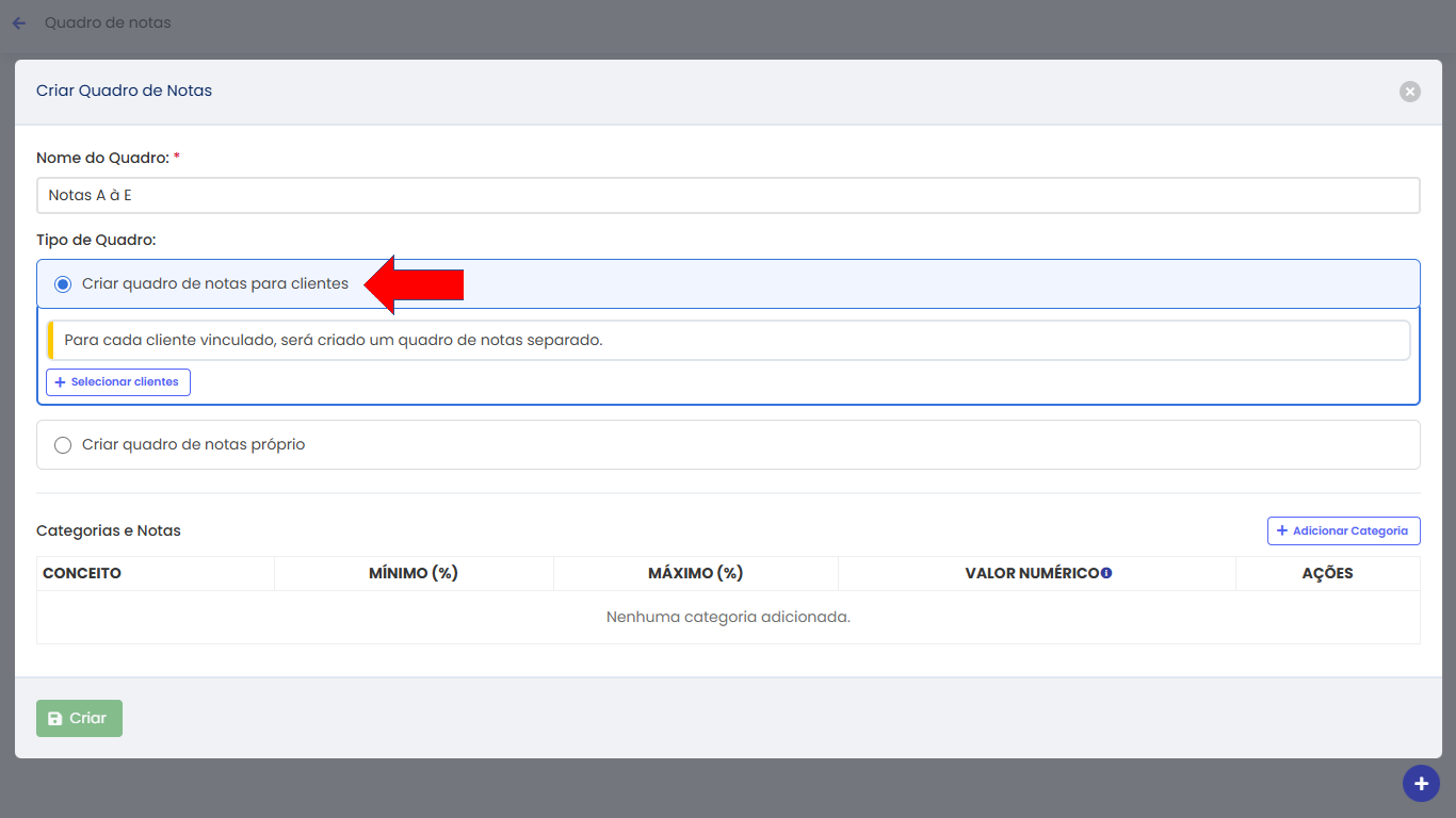 Criar quadro de notas para clientes