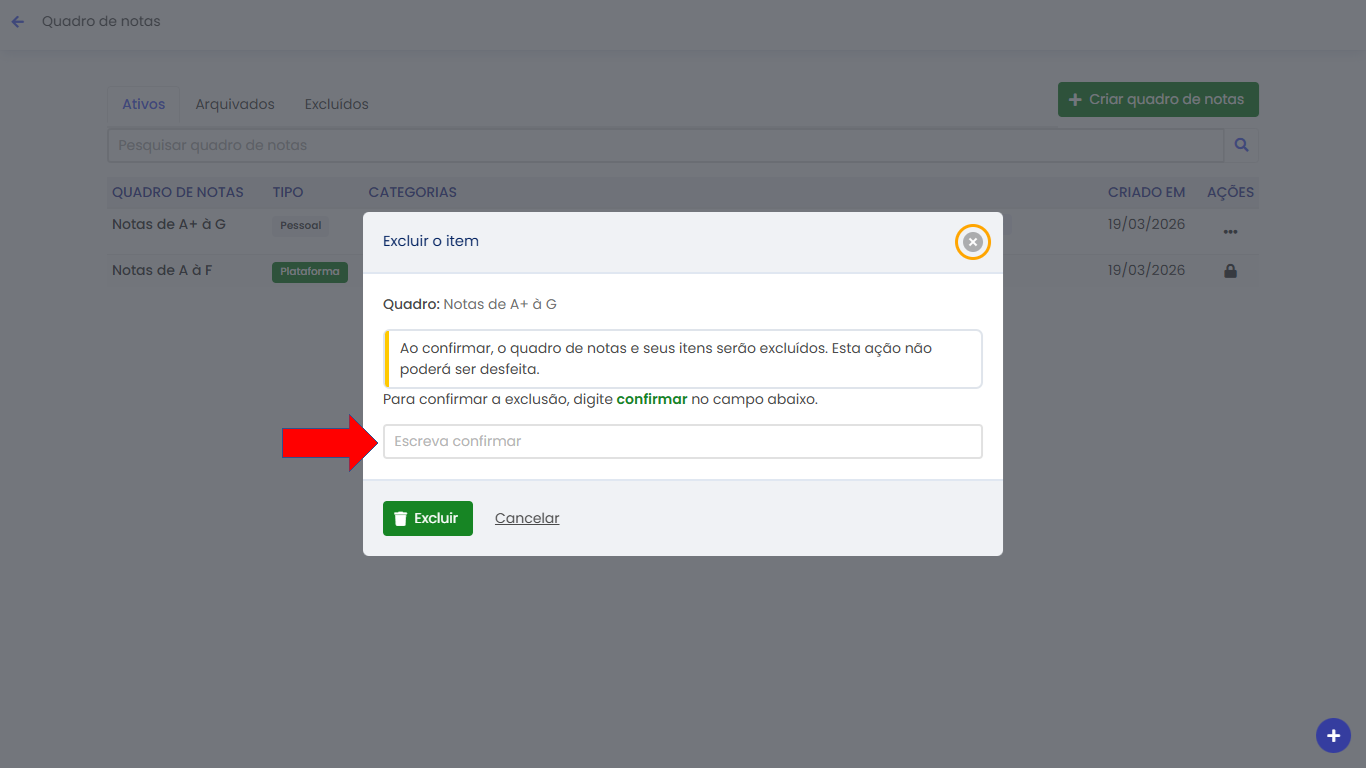 Aviso de segurança para exclusão